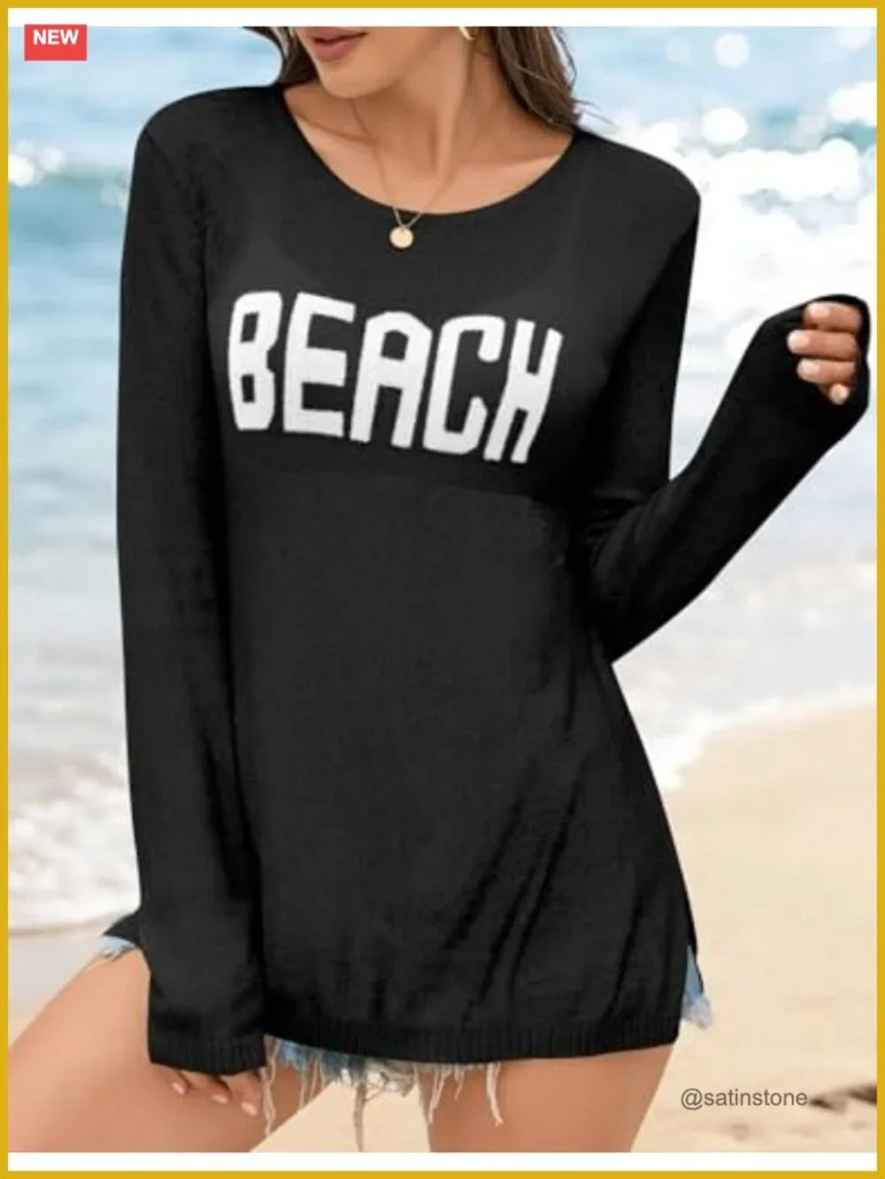 Women's Letter Print Crochet Cover Up Long Sleeve Split Hem Pullover Sweater